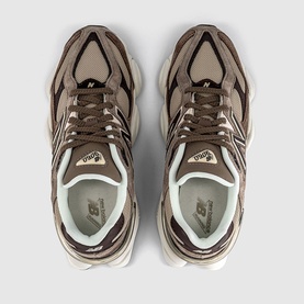 New Balance 9060 trainers in brown and orewood white, top-down view showing mesh upper, suede overlays and cream sole