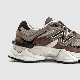 New Balance 9060 trainers in brown and orewood white, suede and mesh upper, chunky cream midsole with black outsole detail