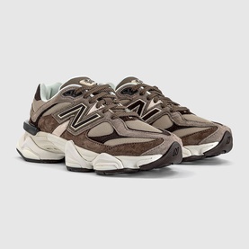 New Balance 9060 trainers in brown and orewood white, featuring suede and mesh panels, chunky cream sole, and tonal N logo