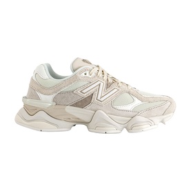 New Balance 9060 trainers in sea salt off-white, featuring suede and mesh panels, chunky layered sole, silver N branding