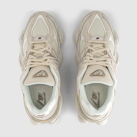 New Balance 9060 trainers in Sea Salt Off-White, top-down view showing chunky sole, mesh and suede upper with tonal lacing