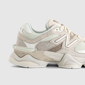 New Balance 9060 trainer in Sea Salt Off-White, suede and mesh panelling, chunky cream midsole, silver N logo detail