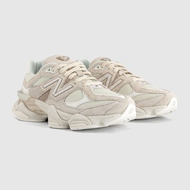 New Balance 9060 trainers in sea salt off-white, suede and mesh upper, chunky cream midsole, mint green accent panels