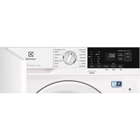 Electrolux Built In Washing Machine 8kg 1400 RPM in white, close-up of control panel with dial and digital display