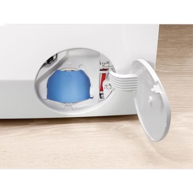 Electrolux Built In Washing Machine 8kg 1400 RPM white, close-up of open filter access door at base revealing blue drum interior