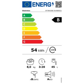 Electrolux Built In Washing Machine 8kg 1400 RPM EU energy label rated B, 54 kWh, 8kg capacity, 3:20 cycle, 45L water use