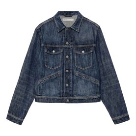 All Saints dark indigo denim jacket with chest pockets, silver-tone buttons, and classic collar