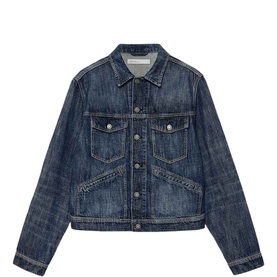 All Saints dark indigo denim jacket with chest pockets, silver-tone buttons, and classic collar