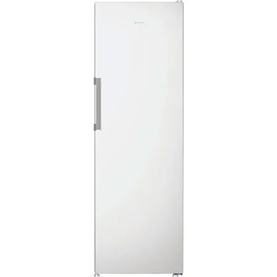 Indesit white freestanding tall larder fridge with silver bar handle, front view