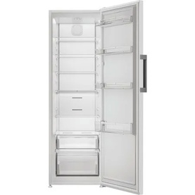 Indesit white freestanding fridge with open door showing interior shelving, salad drawer, and silver bar handle