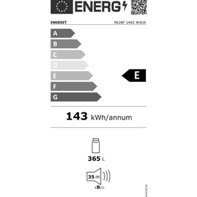 Indesit MLNF 1442 W4UK energy label, rated E, 143 kWh/annum, 365L capacity, white freestanding freezer