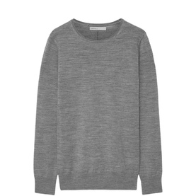 All Saints Grey Marl fine knit crew neck jumper, long sleeves, relaxed fit, flat lay view