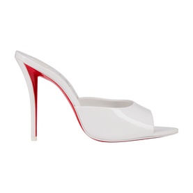 Christian Louboutin mule in bianco white patent leather, peep-toe silhouette, slim stiletto heel with signature red sole