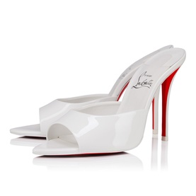 Christian Louboutin mule in bianco patent leather, open toe, stiletto heel, signature red sole, slide style