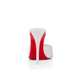 Christian Louboutin Dump mule in Bianco white patent leather, stiletto heel, iconic red sole, rear view.