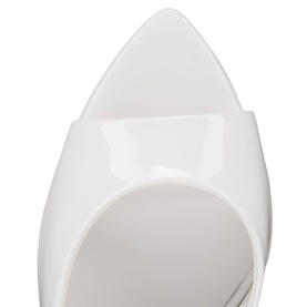 Christian Louboutin women's shoe in Bianco white patent leather, top-down view showing pointed toe and pale lining.