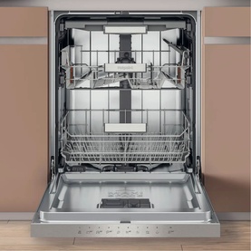 Hotpoint MaxiSpace Integrated Full Size Dishwasher with 3rd Rack, open door view showing three adjustable wire basket racks and stainless steel