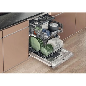 Hotpoint MaxiSpace Integrated Full Size Dishwasher with 3rd Rack, open door revealing three fully loaded racks with plates, bowls and cups.
