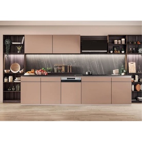 Hotpoint MaxiSpace Integrated Full Size Dishwasher with 3rd Rack installed in a modern taupe kitchen with dark open shelving and marble splashback.