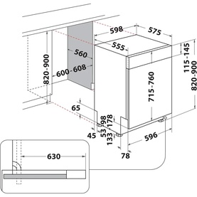 Hotpoint MaxiSpace Integrated Full Size Dishwasher technical dimension diagram showing width, height and depth measurements in millimetres.