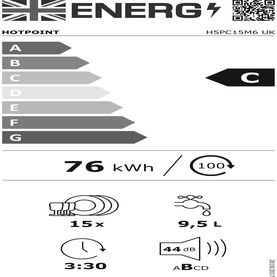 Hotpoint MaxiSpace Integrated Dishwasher UK energy label, rated C, 76 kWh per 100 cycles, 9.5L water, 15 place settings, 44dB
