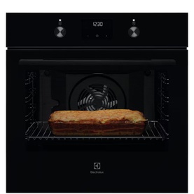 Electrolux 500 SurroundCook Built-In Single Oven 72L in black, with bread loaf baking on wire rack, digital display panel