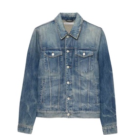 All Saints denim jacket in light indigo tint wash, classic collar, chest pockets, and silver button fastening