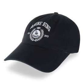 Anine Bing Jeremy Collegiate Logo Cap in blue cotton with embroidered crest logo, peaked visor and adjustable back