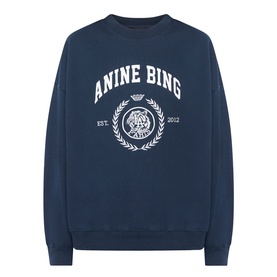 Anine Bing Miles Collegiate Logo Sweatshirt in navy with white varsity logo and crest print, round neck, ribbed trims, dropped shoulders