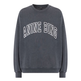 Anine Bing Miles Logo Sweatshirt in washed black, crew neck with arched logo print, dropped shoulders and ribbed trims