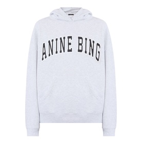 Anine Bing Harvey New Classic Hoodie in grey melange cotton with bold logo print, kangaroo pocket, drawstring hood, and ribbed trims.