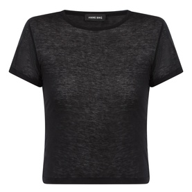 Anine Bing black short-sleeve crop top in lyocell-wool blend, relaxed fit with round neckline and subtle texture
