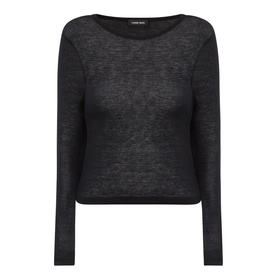 Anine Bing black long-sleeve knit top in lyocell-wool blend, featuring a scoop neckline and relaxed cropped silhouette.