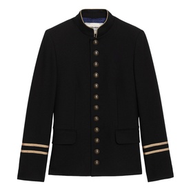 Zadig black military-style jacket with gold-tone buttons, mandarin collar, and contrast gold stripe cuff detail