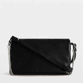 Zadig black leather crossbody bag with silver chain and stud detail strap, flap front closure