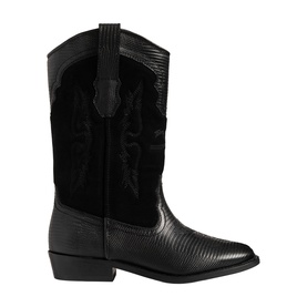 Zadig black cowboy boot with suede upper panel, embroidered detail, lizard-effect leather lower, pointed toe and stacked heel