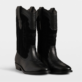 Zadig black leather and suede cowboy boots with ribbed shaft detail, pointed toe, and stacked block heel