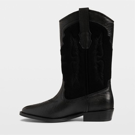 Zadig black western mid-calf boot with suede upper panel, embossed leather shaft detail, pointed toe and block heel.