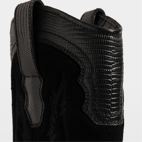 Zadig black boot close-up showing contrast suede and croc-embossed patent leather panels with back zip detail