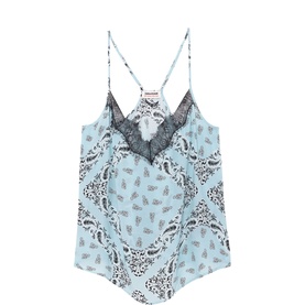Zadig Cespa Bandana Cami in blue with black bandana print, black lace V-neckline trim, and adjustable crossback straps