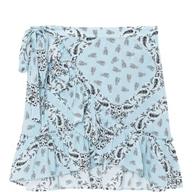 Zadig Jupiter Wrap Mini Skirt in blue paisley print with ruffle hem and self-tie waist, 100% viscose
