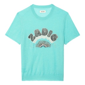 Zadig green short-sleeve knit T-shirt with Zadig logo and fan graphic print on chest