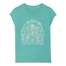 Zadig green short sleeve graphic T-shirt with white "F*ck Reality I Want Magic" slogan and illustrative print