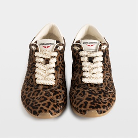 Zadig brown leopard print haircalf trainers with cream braided laces and logo tongue, front-facing view