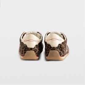Zadig brown leopard print trainers, rear view, cream padded collar, rose gold sole and heel detail