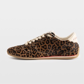 Zadig brown leopard-print pony-hair lace-up trainer with cream leather trim and red stripe detail on sole.