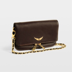 Zadig brown grained leather clutch bag with gold wing hardware and gold chain-link shoulder strap