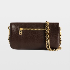 Zadig brown pebbled leather crossbody bag with gold-tone zip detail and chunky gold chain strap, rear view