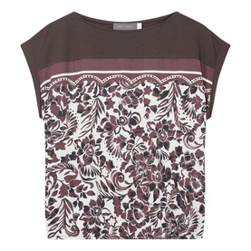 Dark brown and cream floral lace-print top with colour-block panel, cap sleeves and relaxed boxy fit