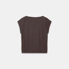 Dark brown short-sleeve top with cap sleeves, elasticated hem and relaxed fit, shot flat on white background